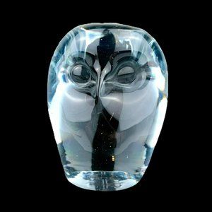 Vtg Art Glass Owl Paperweight Heavy Clear Light Blue Desk Decor Accessory Accent